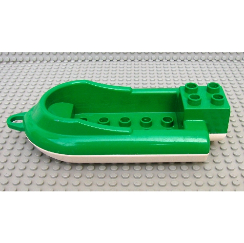 Lego Duplo Boat with Front Towhook, with Raised Lip, 2 x 5 Studs Inside, and 2 x 2 Top Studs, White Bottom / Green