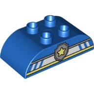 Duplo Brick 2 x 4 Curved Top with Yellow and Silver Police Badge Print / Blue
