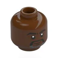 Minifig Head Mr. X, Black Eyebrows, Black Moustache, Dark Bluish Grey Beard, Neutral Smile / Angry / Reddish Brown