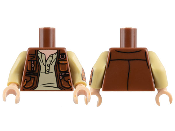 Lego Torso Vest Open with Pockets and Copper Zippers over Tan Shirt with Buttons, Light Nougat Neck Pattern / Tan Arm Left with Dark Orange Wrist Guard with Straps and Copper Buckles Pattern / Tan Arm Right / Light Nougat Hands