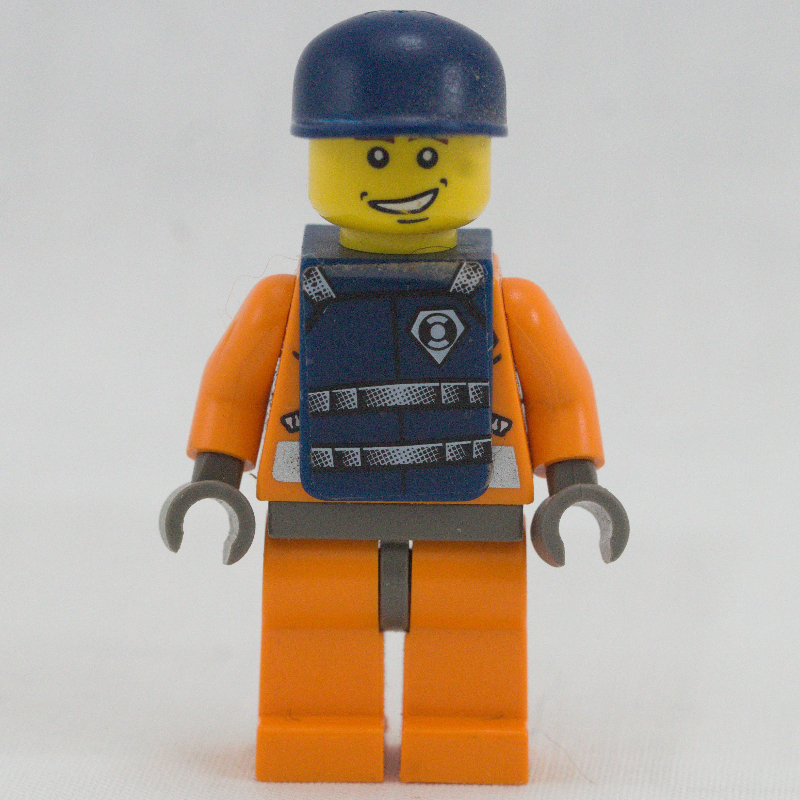 Lego Coast Guard, Orange Jumpsuit with Zipper, Radio, and Badge, Dark Blue Cap, Dark Blue Vest