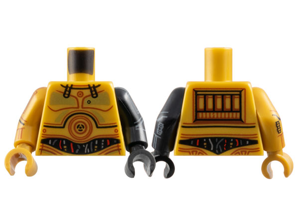 Lego Torso SW C-3PO with Red and Silver Wires and Gold Chest Highlights Pattern / Black Arm Left with C-3PO Pattern / Pearl Gold Arm Right with C-3PO Pattern / Black Hand Left / Pearl Gold Hand Right