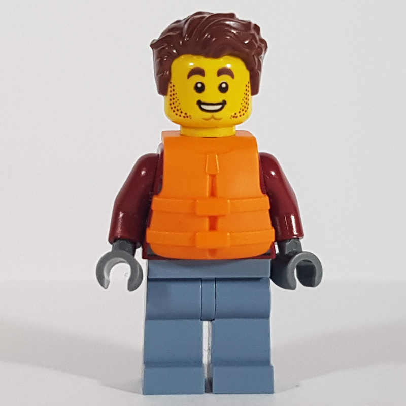 Lego Harl Hubbs, Dark Red Jacket, Sand Blue Legs, Reddish Brown Hair, Orange Life Vest
