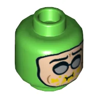 Minifig Head Condiment King, Dual Sided, Silver Glasses, Eating / Angry Teeth Print [Hollow Stud] / Bright Green