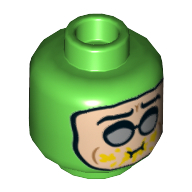 Lego Minifig Head Condiment King, Dual Sided, Silver Glasses, Eating / Angry Teeth Print [Hollow Stud] / Bright Green