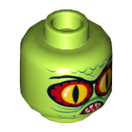 Lego Minifig Head Swamp Creature, Large Red and Yellow Snake Eyes, Green Scales, Mouth with Tan Teeth Print [Hollow Stud] / Lime