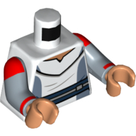 Lego Torso, Sand Blue Accents, Dark Blue Belt, Red Stripes on Arms print, Sand Blue Arms, Nougat Hands / White