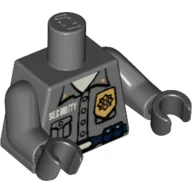 Torso, Shirt, Gold Badge, 'SECURITY', Blue Belt with Radio Print, Dark Bluish Gray Arms, Black Hands / Dark Bluish Gray