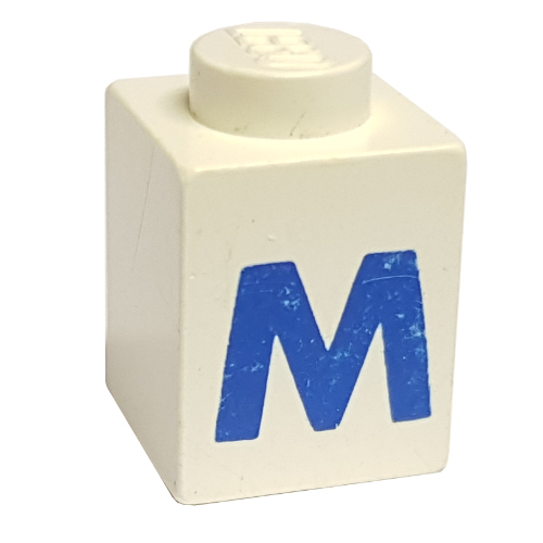 Lego Brick 1 x 1 with Blue 'M' Print (Bold Font) / White