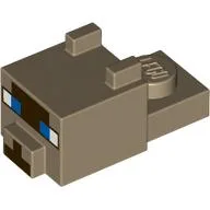 Animal Body Part, Cat Head 1 x 2 with Cube with Ears, Nose and Pixelated Face, Blue Eyes, Dark Brown Nose Print (Ocelot) / Dark Tan