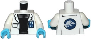 Lego Torso Lab Coat with Pocket and ID Badge over Black Sweater, Jurassic World Logo on Reverse Pattern / White Arms / Medium Azure Hands