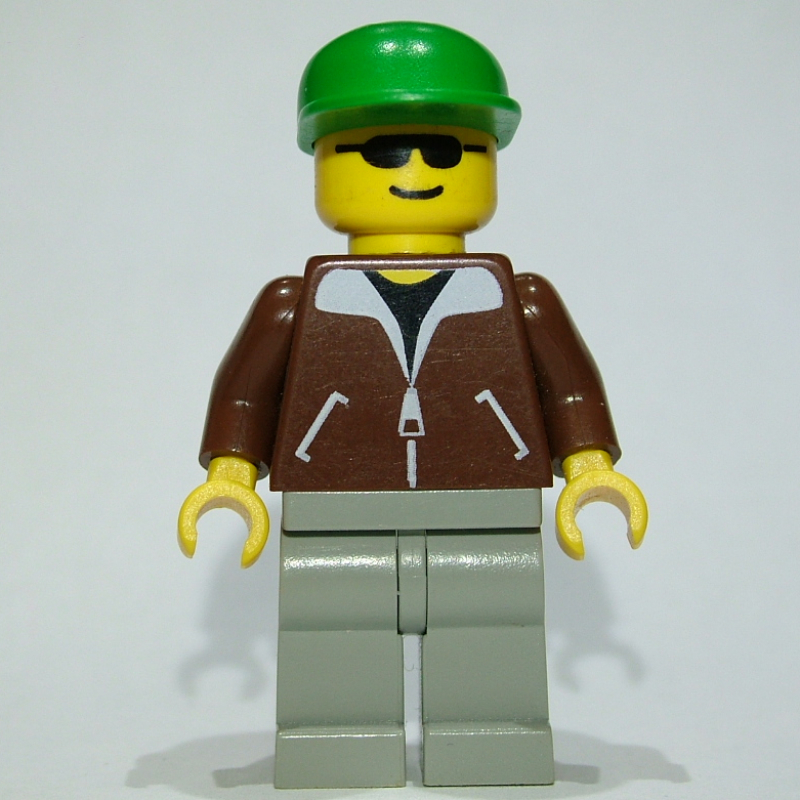 Lego Man, Brown Jacket, Light Gray Legs, Green Cap, Sunglasses