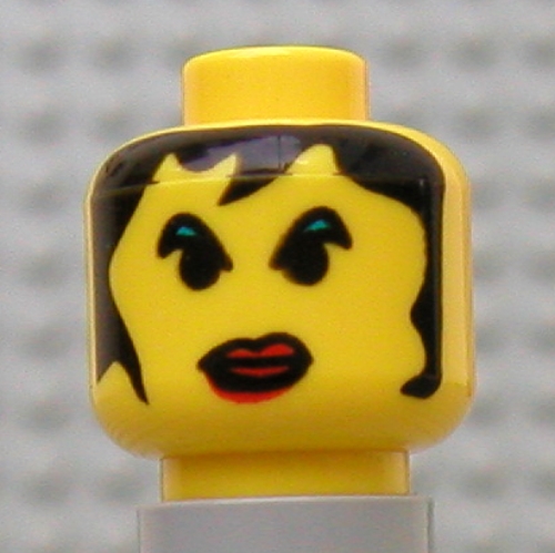 Lego Minifig Head Alexis Sanister, Red Lips Large, Green Eyebrows, and Long Hair Print / Yellow