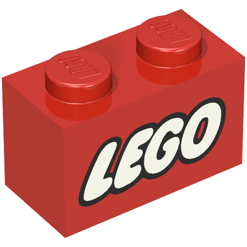 Lego Brick 1 x 2 with LEGO Logo Closed O White with Black Outline Print / Red
