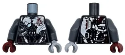 Torso Armor Robot with Black, White, Silver and Dark Bluish Gray Panels and Dark Red Avengers Logo Pattern / Dark Bluish Gray Arms / Light Bluish Gray Hand Left / Dark Red Hand Right