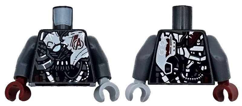 Lego Torso Armor Robot with Black, White, Silver and Dark Bluish Gray Panels and Dark Red Avengers Logo Pattern / Dark Bluish Gray Arms / Light Bluish Gray Hand Left / Dark Red Hand Right
