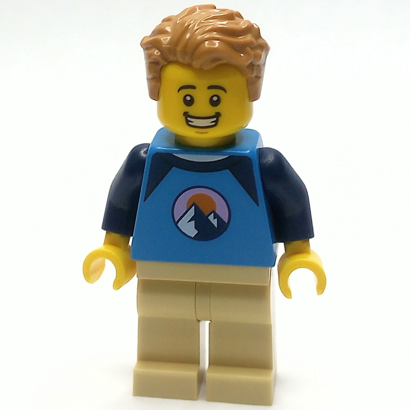 Lego Dark Azure Torso, Tan Legs, Medium Nougat Hair