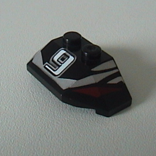 Lego Brick Wedged, Sloped 45° 2 x 4 Triple with '9' and Red / Silver Print / Black