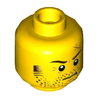 Lego Minifig Head Larry the Barista, Reddish Brown Eyebrows, Scar, Stoppled Beard, Determined Print [Hollow Stud] / Yellow