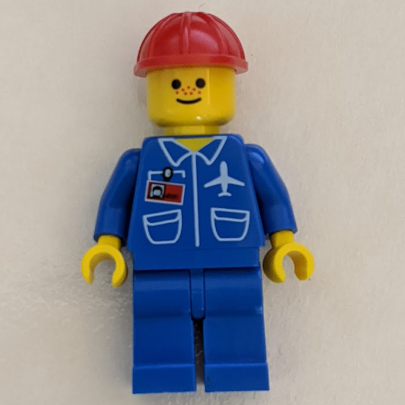Lego Ground Crew, Blue Jumpsuit with Plane and ID Badge, Red Hard Hat