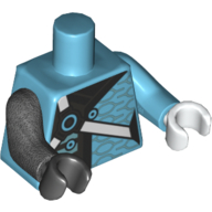 Lego Torso, Odd Arms and Hands, Robe with Black Trim, White Straps with Azure Circles Print, Left Medium Azure Arm and White Hand, Right Pearl Titanium Arm and Black Hand / Medium Azure