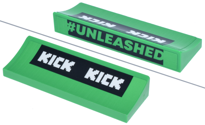 Lego Arch 6 x 2 x 5/6 Inverted with '#UNLEASHED' and White 'KICK KICK' Logo on Black Rectangle Pattern (Stickers) - Set 77247