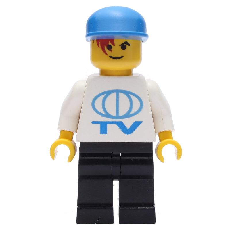 Lego TV Worker - White Torso, Black Legs, Blue Cap