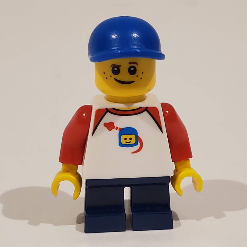 Lego Boy, Classic Spaceman on Shirt, Short Dark Blue Legs, Blue Cap