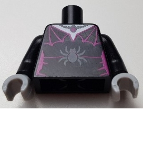 Lego Torso Dress with Magenta Webbed Shoulders, and Dark Bluish Gray Spider Print, Black Arms, Light Bluish Gray Hands / Black