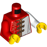 Lego Torso, Odd Arms, Tunic with Gold Clasps White Left Side Print, Left White Arm, Right Red Arm, Yellow Hands / Red