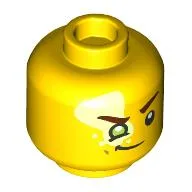 Minifig Head Mateo, Bright Light Yellow Spot over Eye, Reddish Brown Eyebrows, Lime Eye, Smirk / Open Mouth Grin Print / Yellow