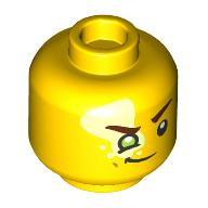 Lego Minifig Head Mateo, Bright Light Yellow Spot over Eye, Reddish Brown Eyebrows, Lime Eye, Smirk / Open Mouth Grin Print / Yellow