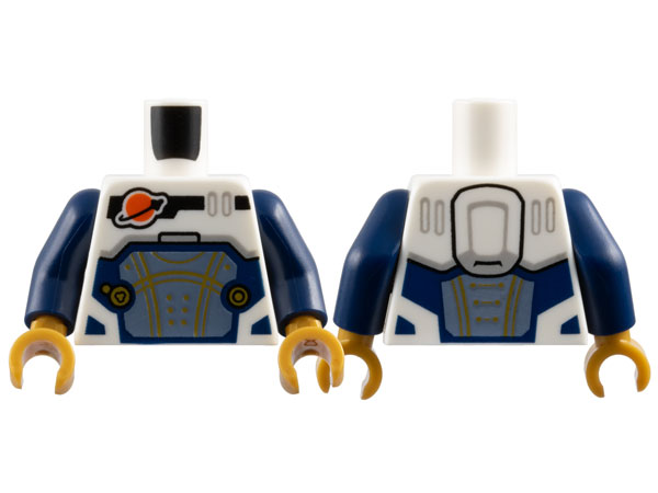 Lego Torso Reddish Orange and Black Classic Space Logo, Sand Blue Panel with Gold Lines, Dark Blue Trim Pattern / Dark Blue Arms / Pearl Gold Hands