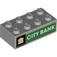 Lego Brick 2 x 4 with White 'CITY BANK' On Green Background print / Light Bluish Gray