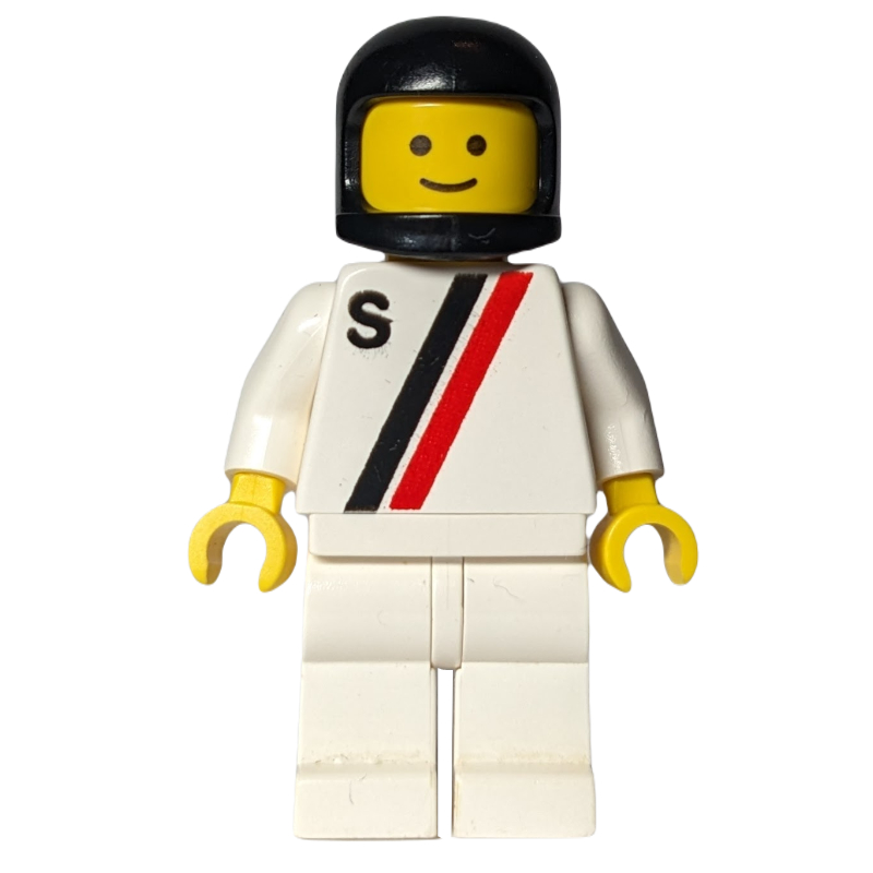 Lego Racer, White Shirt with Two Stripes and 'S', White Legs, Black Helmet