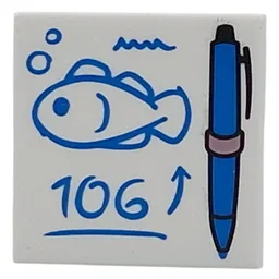Tile 2 x 2 with Blue Pen, Drawing of Fish, '106' Print