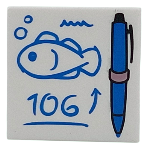 Lego Tile 2 x 2 with Blue Pen, Drawing of Fish, '106' print / White