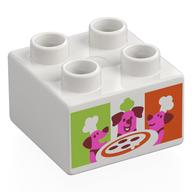 Lego Duplo Brick 2 x 2 with Dark Pink Dogs, Pizza, Lime/Reddish Orange Background print / White