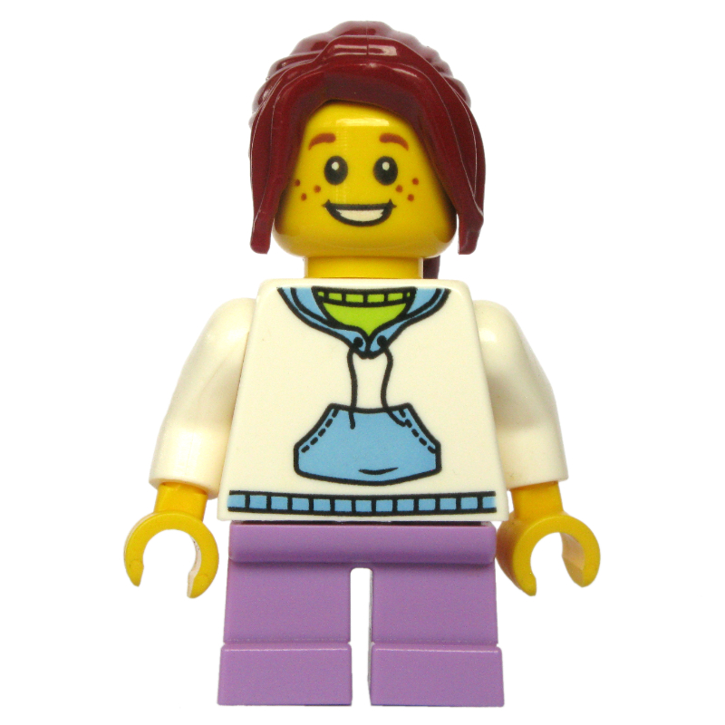 Lego Kid - White Torso, Medium Lavender Legs, Dark Red Hair