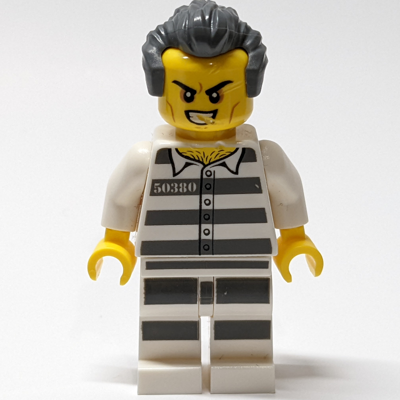 Lego Criminal Tony "T" Colorado, Prison Shirt with #50380, White Legs with Prison Stripes, Dark Bluish Gray Hair