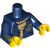 Lego Torso Jacket Open with Gold Buttons and Anchor over Tan Sweater Print, Dark Blue Arms with Gold Stripes, Yellow Hands / Dark Blue