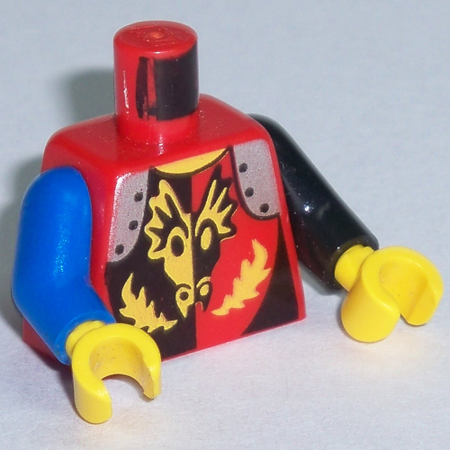 Lego Torso Odd Arms, Armor, Dragon Head Breathing Fire Print, Left Black Arm, Right Blue Arm, Yellow Hands / Red