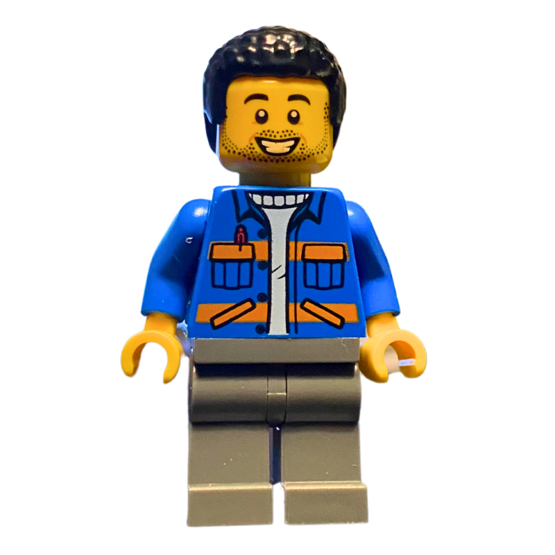 Lego Blue Torso, Safety Vest, Dark Bluish Grey Legs, Black Hair