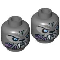 Minifig Head Stealthor, Dual Sided, Tiger with Fangs, Stripes and Light Blue Eyes, Neutral / Angry Print [Hollow Stud] / Dark Bluish Gray