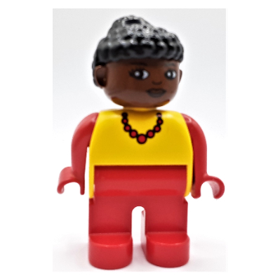 Lego Duplo Figure, Early, Curly Hair with Bun Black, Red Legs, Red Necklace Print / Yellow