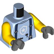 Lego Torso, White Police Badge, Dark Blue Suspenders, Black Stains print, Yellow Arms, Dark Bluish Gray Hands / Bright Light Blue