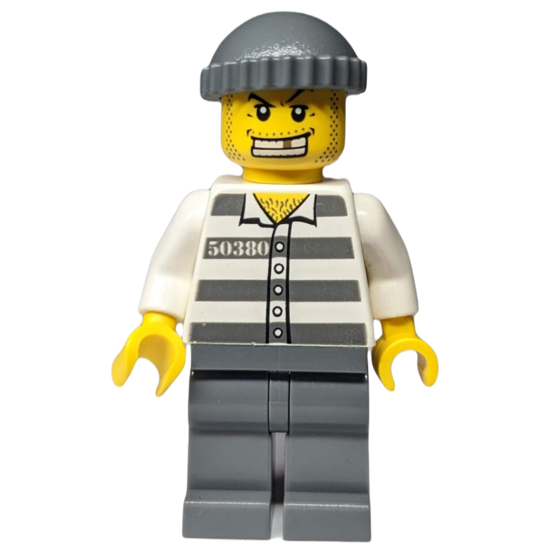 Lego Criminal, Prison Shirt with #50380, Dark Bluish Gray Legs, Dark Bluish Gray Hat, Gold Tooth