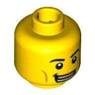 Minifig Head Boxer, Eyebrows, White Pupils, Open Smile with Gold Upper Row Teeth / Black Eye, Crooked Lips and Sad Look Print / Yellow