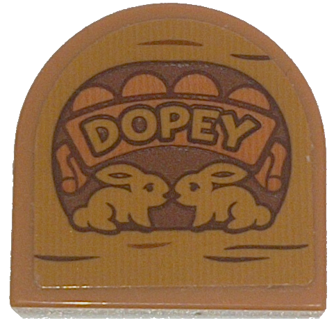 Lego Tile, Round 2 x 2 Half Circle Extended with Wood Grain and 'DOPEY' Pattern (Sticker) - Set 43242