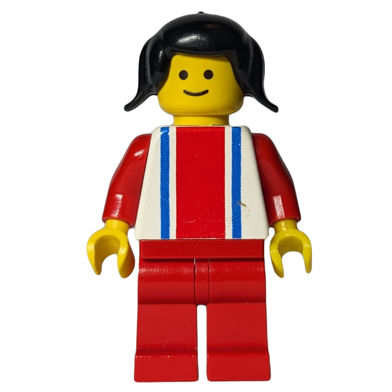 Lego Woman, White Top with Large Red Stripe and 2 Blue Stripes, Red Legs, Black Pigtails Hair